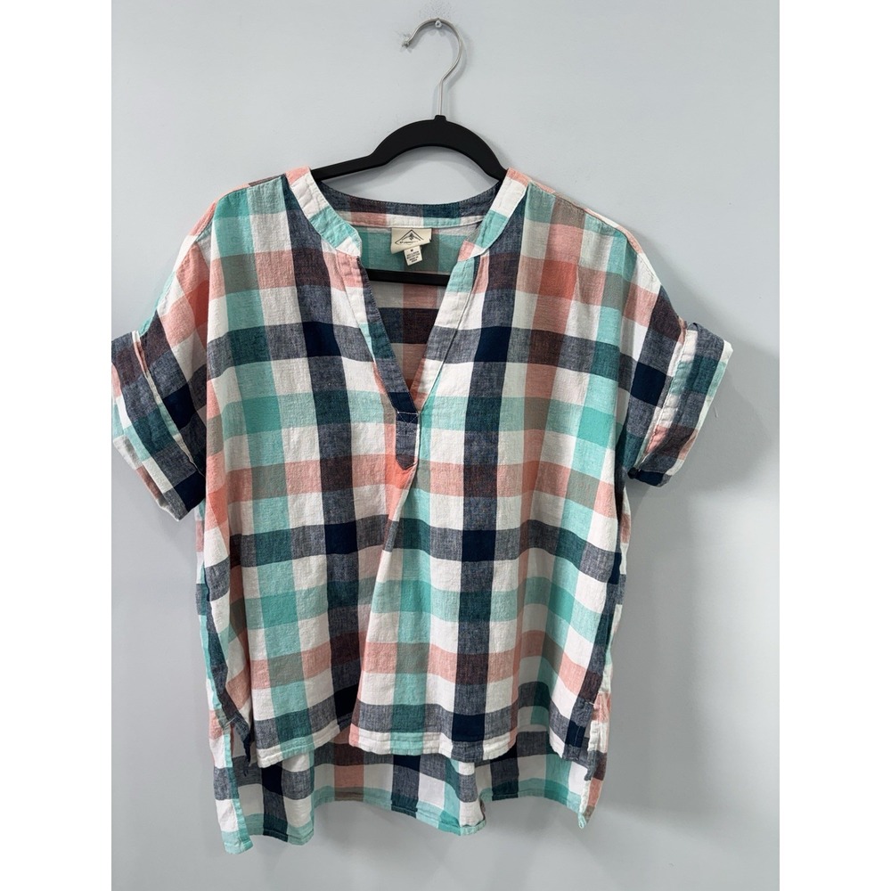 St Johns Bay Women's Linen Cotton Plaid Tunic Top M Blue Boxy Resortwear - Picture 3 of 9